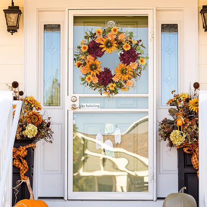 Sunflower Wreaths for Front Door, 24'' Autumn Wreath with Sunflower Hydrangeas & Leaves for Porch Window, Halloween Thanksgiving Wreaths for Home Decor
