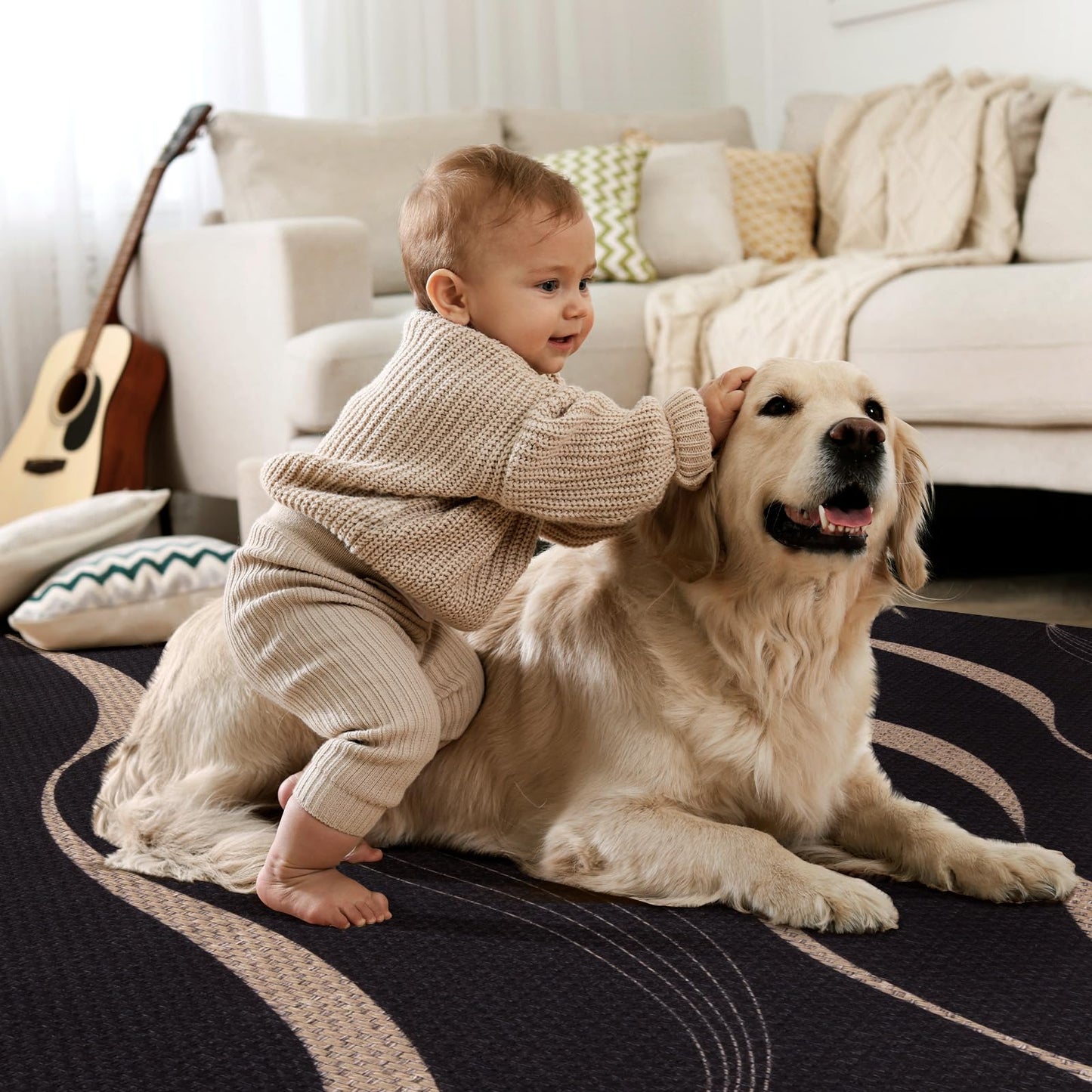 Tangsoo Easy Jute 2x6 Runner Rug for Hallways,Black Washable Non-Slip Outdoor Rug Runner,Modern Farmhouse Wavy Lines Thin Carpet Runner for Laundry Bedroom Kitchen Entryway Porch