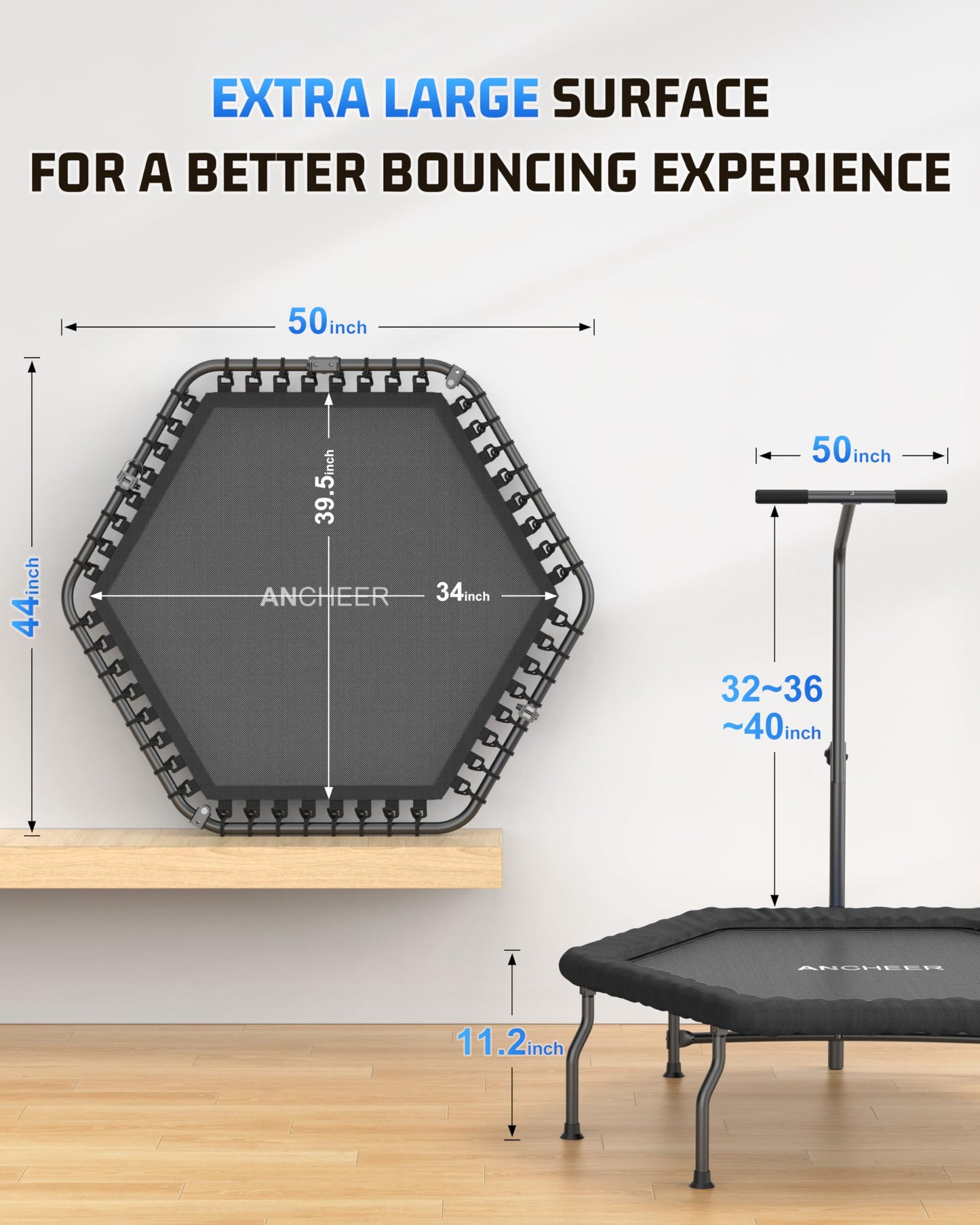 ANCHEER 50" Rebounder Trampoline for Adults- 2025 Foldable Mini Trampoline with Bar- Exercise Trampoline for Adults, Max Load 560lbs, for Indoor/Garden Workout
