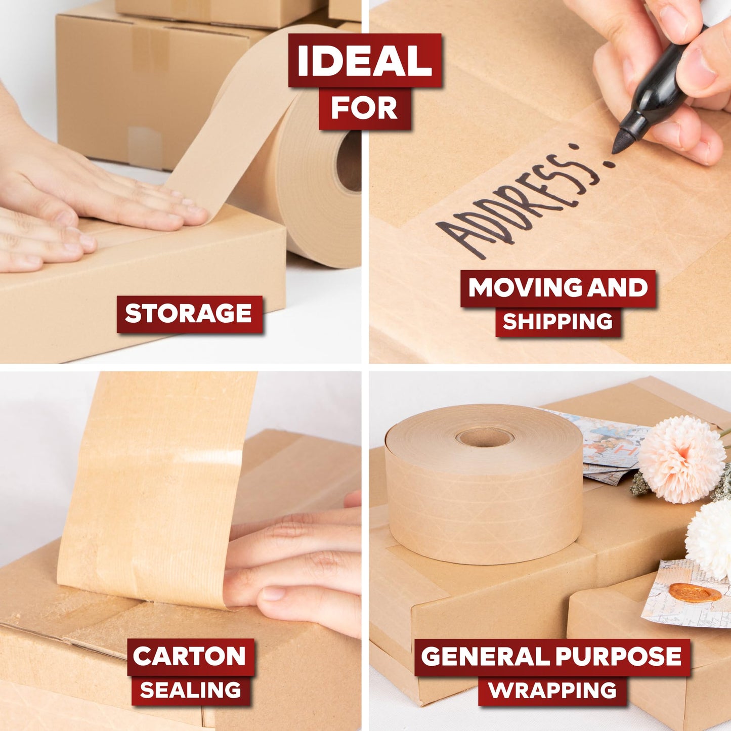 XFasten Water Activated Tape Brown with Reinforced Fiberglass Backing 2.75-Inch x 375-Feet (8-Pack, 3000ft Total) Water Activated Gummed Paper Tape Brown Kraft Paper Packaging Roll for Moving Boxes