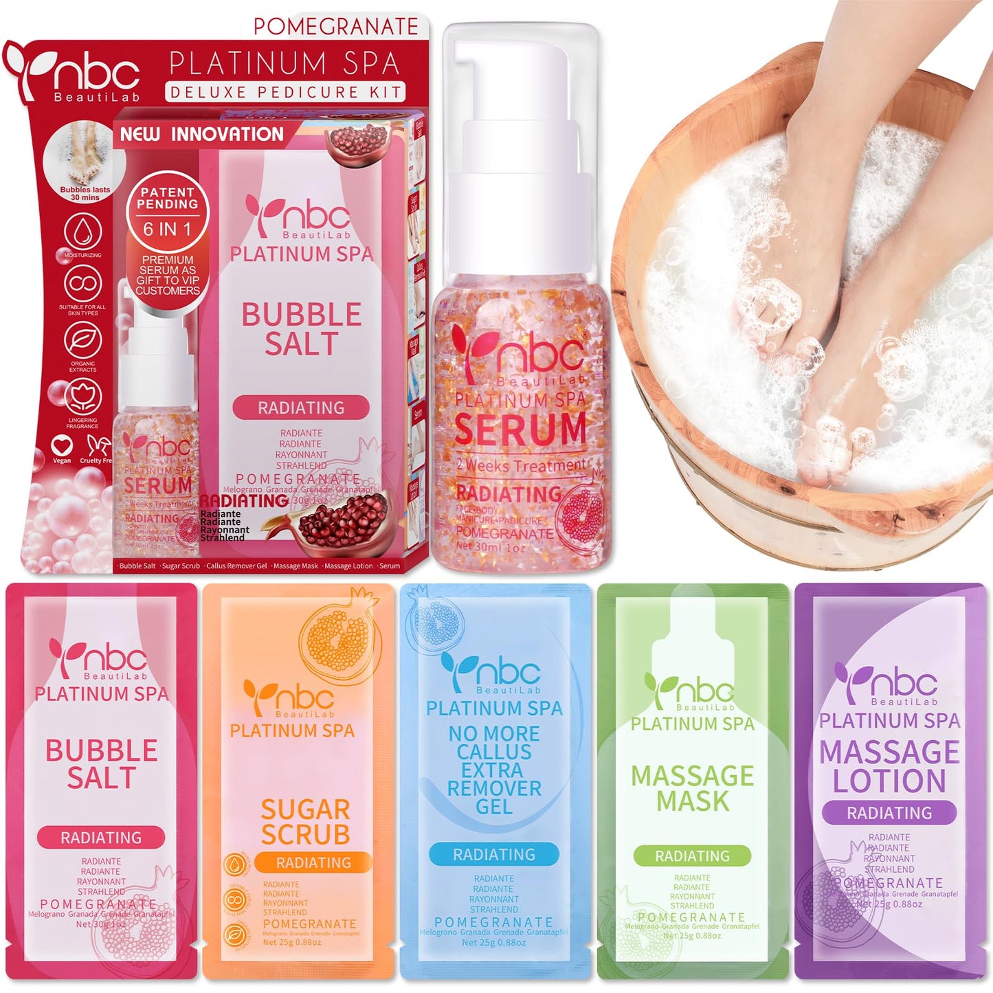 Pedicure Kit Foot Soak Set: Bubble Salt, Sugar Scrub, Massage Mask, Massage Lotion in a Box, 4 Step Foot Spa Kit for Dry Feet,Tired Feet（3 Set Tropical Fruit)