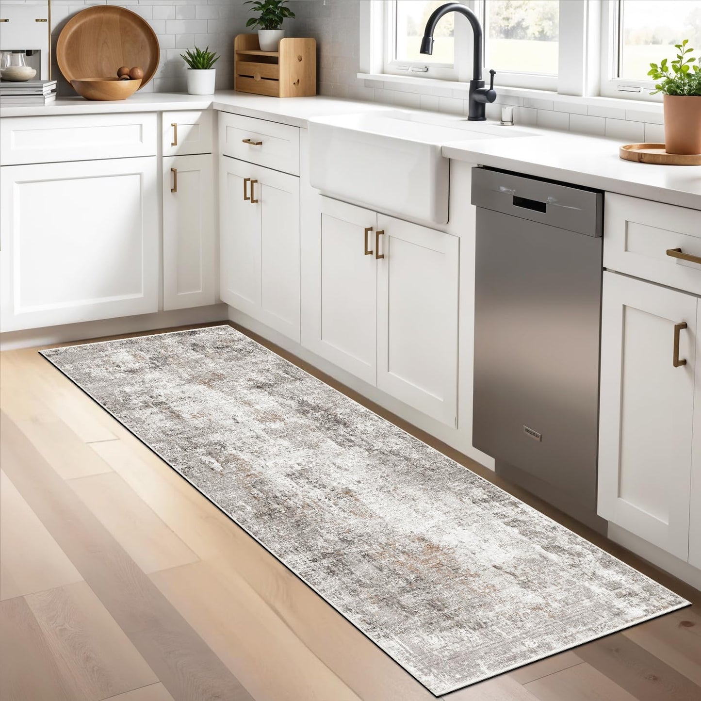 2x5 Rug Runner Non-Slip Washable – Modern Neutral Abstract Small Rug for Hallway, Kitchen, Bathroom, Bedroom, Entryway, Laundry Room – Thin Soft Low-Pile Rubber Backing (Beige/Grey)