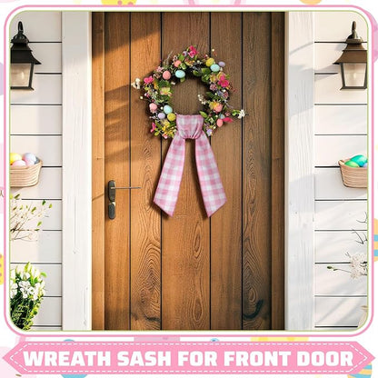 Wreath Sash for Front Door Wreath Satin Sash Blank Sashes Embroidery Monogram Yard Doorway Indoor Outdoor Wall Ribbon Bow Home Decor(Pink, White,Spring Buffalo Plaid)