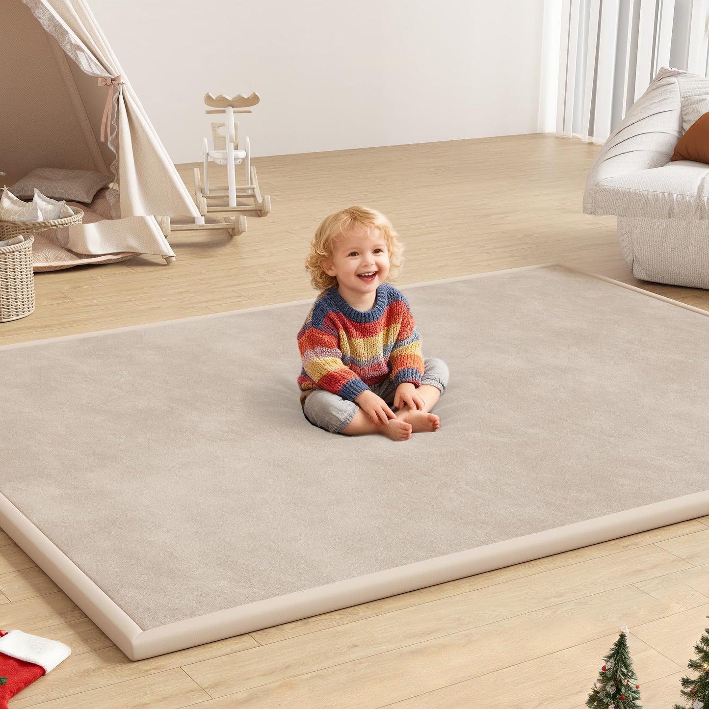 Baby Play Mat for Floor, 1.3'' Thick Memory Foam Tummy Time Mat - Super Soft Coral Velvet Nursery Rug with Non-Slip Backing, Crawling Rug for Toddlers/Infants, Yoga & Tatami Use, Oatmeal, 59''x79''