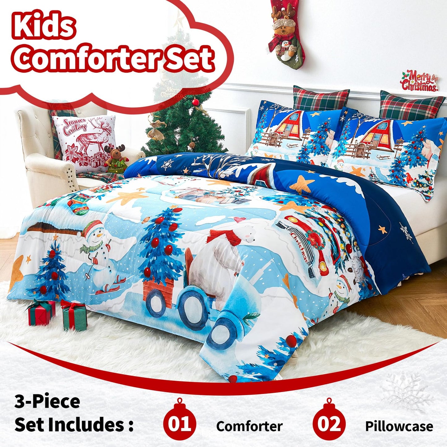 YIYEA Christmas Queen Comforter Set for Girls Boys, Cute Kids Comforter with 2 Pillowcase, Ultra Soft Brushed Microfiber Christmas Bedding Comforter Sets, Suit for All Season, Machine Washable