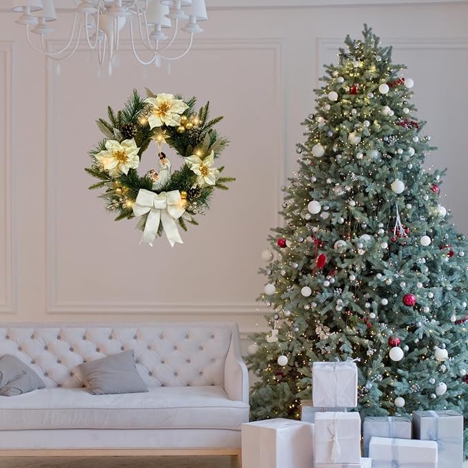 22 Inch Pre-Lit Artificial Christmas Wreath with White Artificial Poinsettia Flowers Jesus Figurine Nativity Scene Glitter Ball Ornaments PineCones Berries for Christmas Decor Front Door