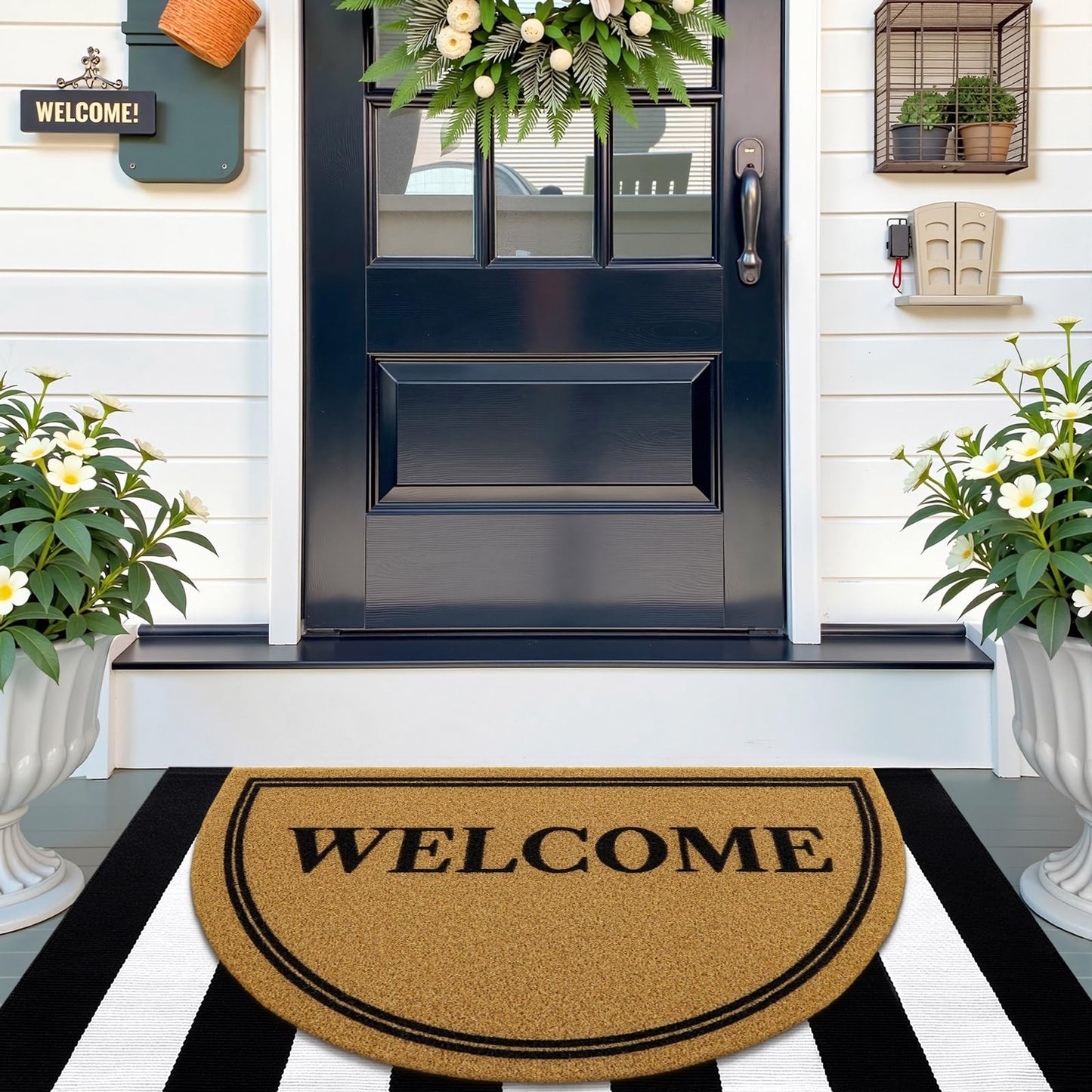 OLANLY Half Circle Front Door Mat, Low Profile Doormat, Stain and Fade Resistant, Easy to Clean, for Indoor and Outdoor Entrances, Patio Porch or Entryway, Brown (30x17 Inch, Welcome)