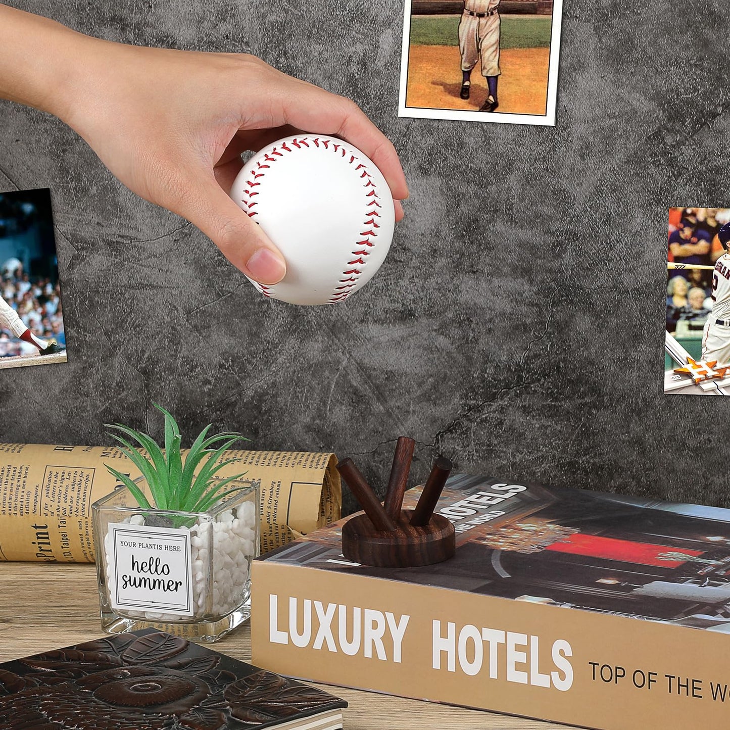 GUSHBIN Softball Holder Wooden Baseball Display Stand Easel for Collector, Baseball Holder Small Sport Ball Display Rack for Softball Tennis Spheres Golf, Mini Softball Display Stands, 1.7 Inches Tall