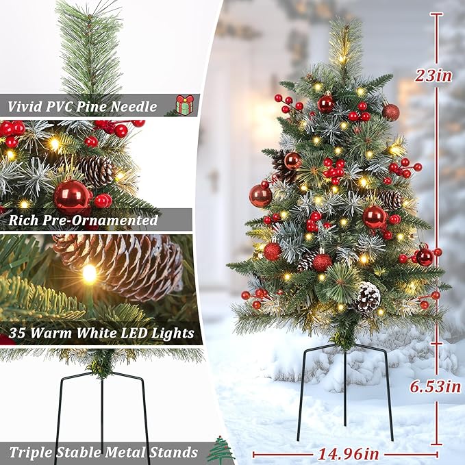 2 Packs 30in Frosted Outdoor Christmas Trees, Pre-Lit Battery Operated Fake Xmas Tree Holiday Decor with Stake, Multi-Color & WW Waterproof String Lights, Red Berries & Balls, Pine Cones