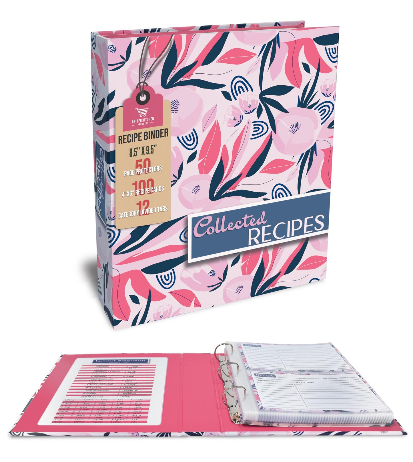 Better Kitchen Products Recipe Binder, 8.5" x 9.5" 3 Ring Binder Organizer Set (with 50 Page Protectors, 100 4" x 6" Recipe Cards & 12 Category Divider Tabs) Floral Design