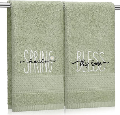 2 Pcs Hello Spring Hand Towels Gray Green Bathroom Decor 14x29 Inch 100% Cotton