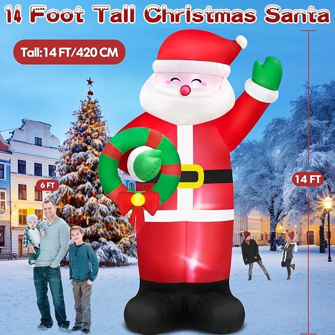 Danxilu 14FT Giant Christmas Inflatables Santa Claus with Wreath Built-in LED Lights, Blow Up Inflatable Christmas Decorations Outdoor for Yard Patio Garden Xmas Party Lawn Holiday Decor