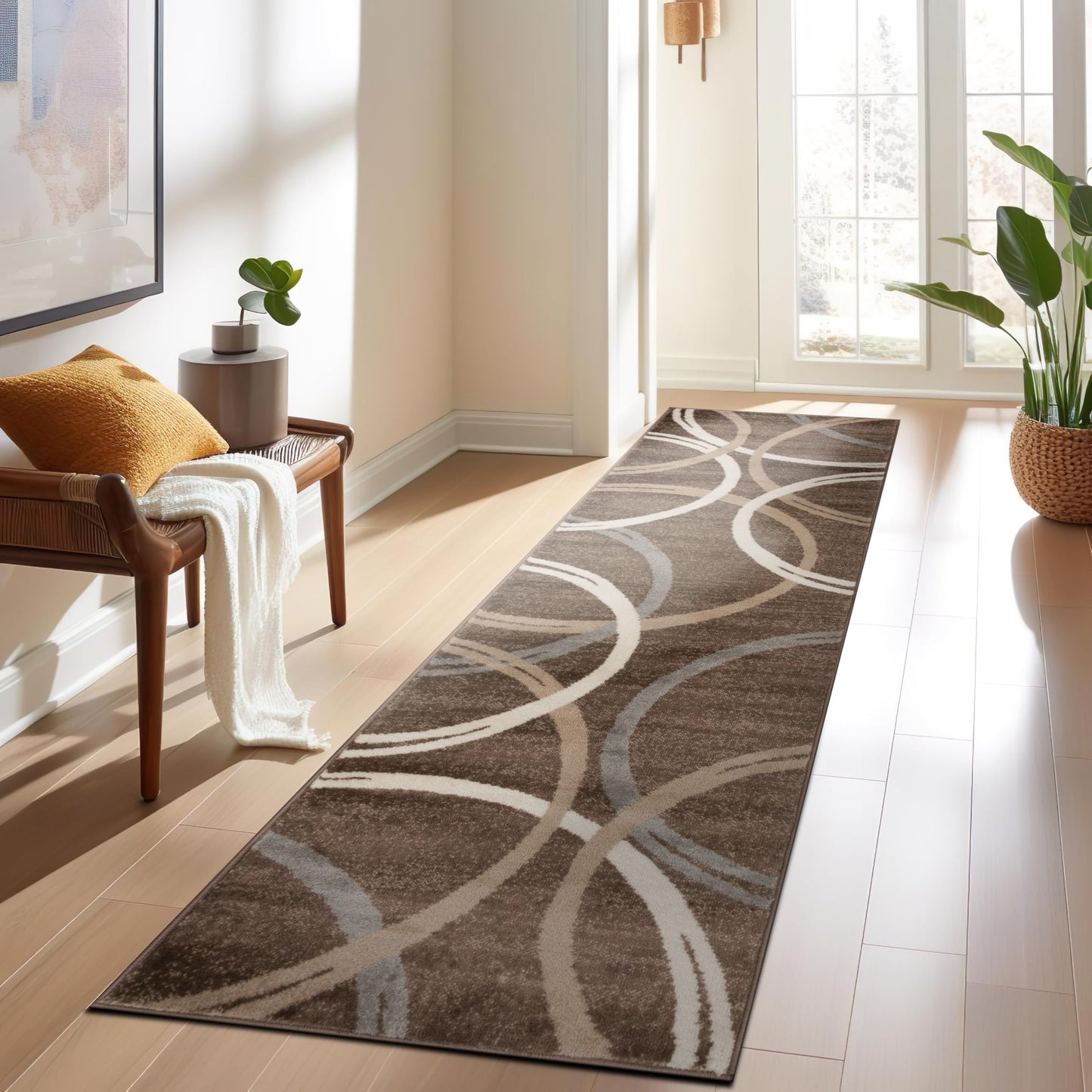 Rugshop Modern Wavy Circles Design Runner Rug, Carpet with Jute Backing for Hallway, Entryway, or Kitchen, Brown, 2' x 7'2"