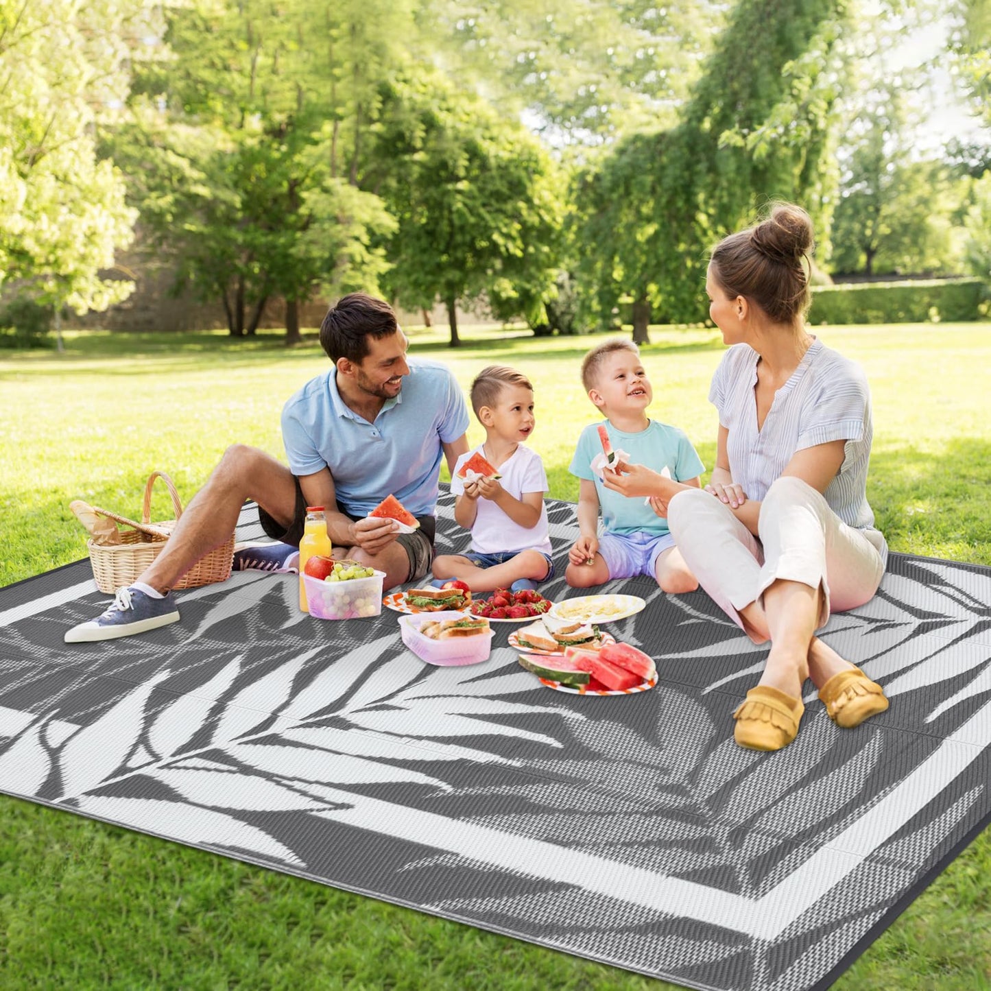 GAOMON 8'x10' Outdoor Rug Waterproof, Reversible Plastic Straw Rug for Balcony, Small Patio, Porch, RV & Camping – UV Resistant, Easy Clean, Pet Friendly Outdoor Mat for Compact Spaces, Grey&White