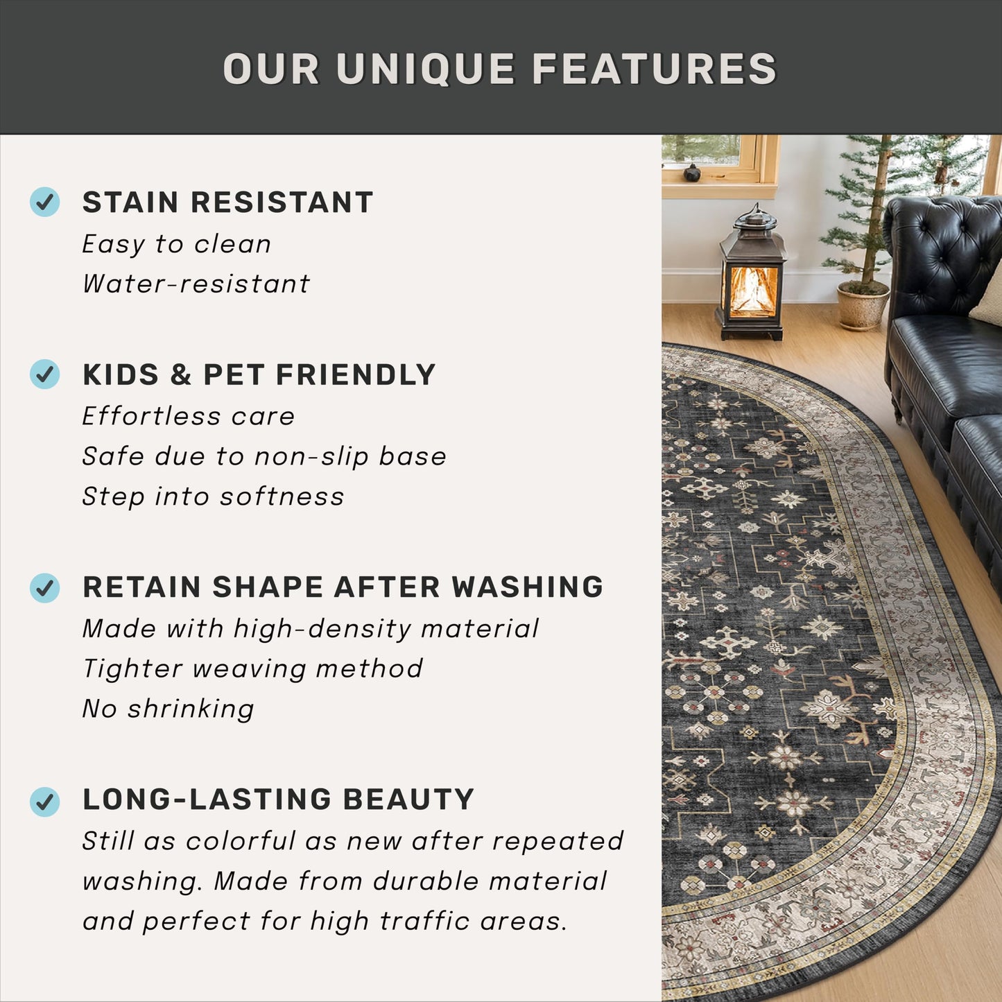 Washable Oval Rug 5x8 - Black Farmhouse Oval Area Rugs for Dining Room, Kitchen Table, Living Room, Bedroom, Reading Corner Rug, Dark Boho Floor Carpet Low Pile Non-Slip & Stain Resistant