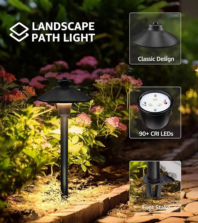 SUNVIE Low Voltage Pathway Lights LED Landscape Lighting 3000K Waterproof Landscape Path Lights 3W Landscape Lighting for Walkway Yard ETL Listed Cord, 12 Pack