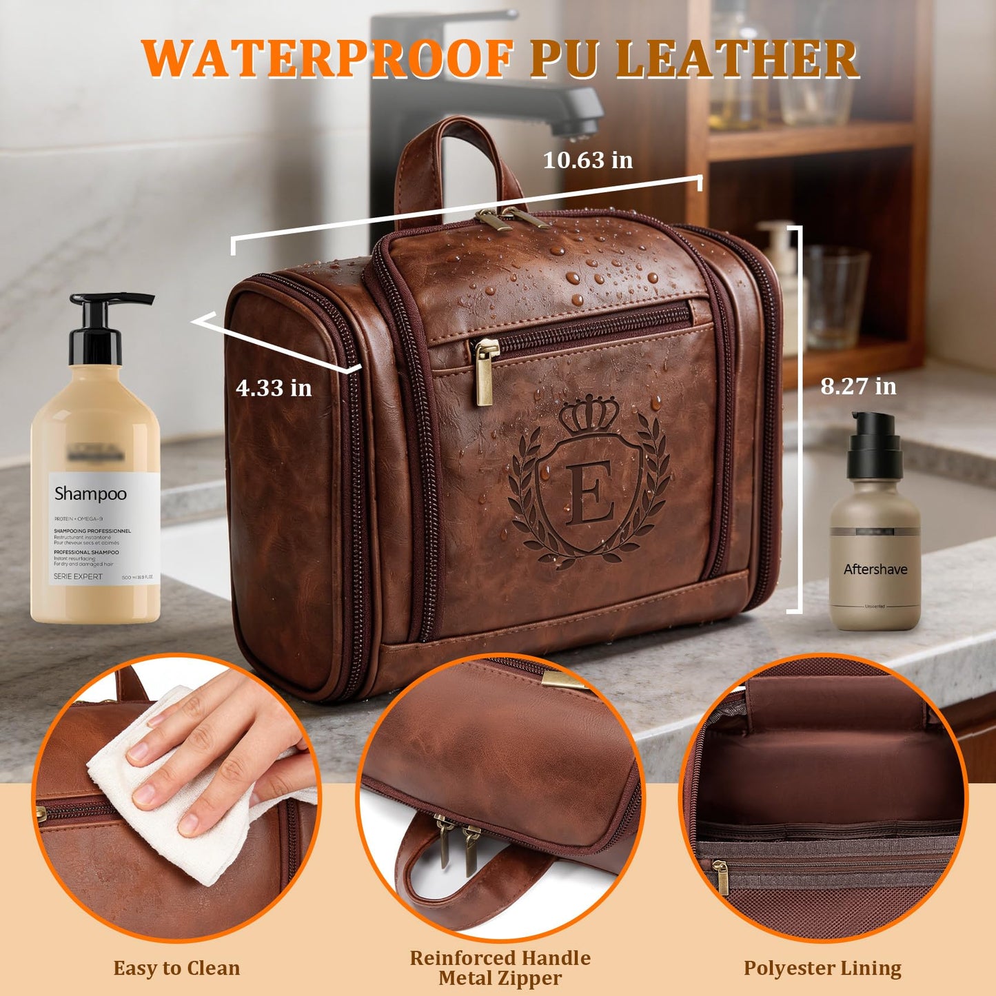 Aganmi Personalized Easter Birthday Gifts for Men Large Leather Travel Toiletry Bag Hanging Shaving Dopp Kit, Mens Traveling Essentials Accessories Organizer Case Cognac Brown Initial Letter E