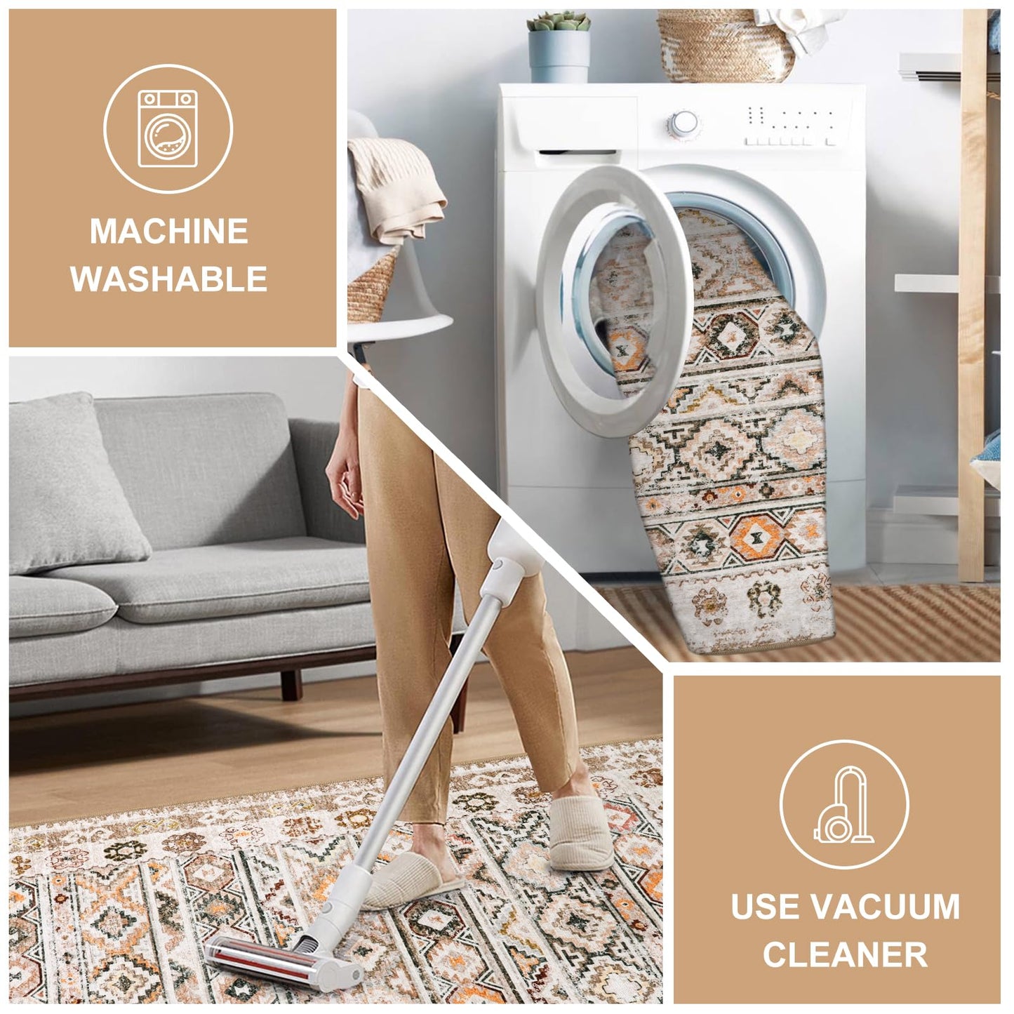 Wonnitar Boho Washable 5x7 Rugs, Moroccan Trellis Living Room Area Rug, Non-Slip Large Rug for Bedroom, Non-Shedding Western Ultra-Thin Floor Carpet for Kitchen Closet Dorm (Khaki/Multi,5'x7')