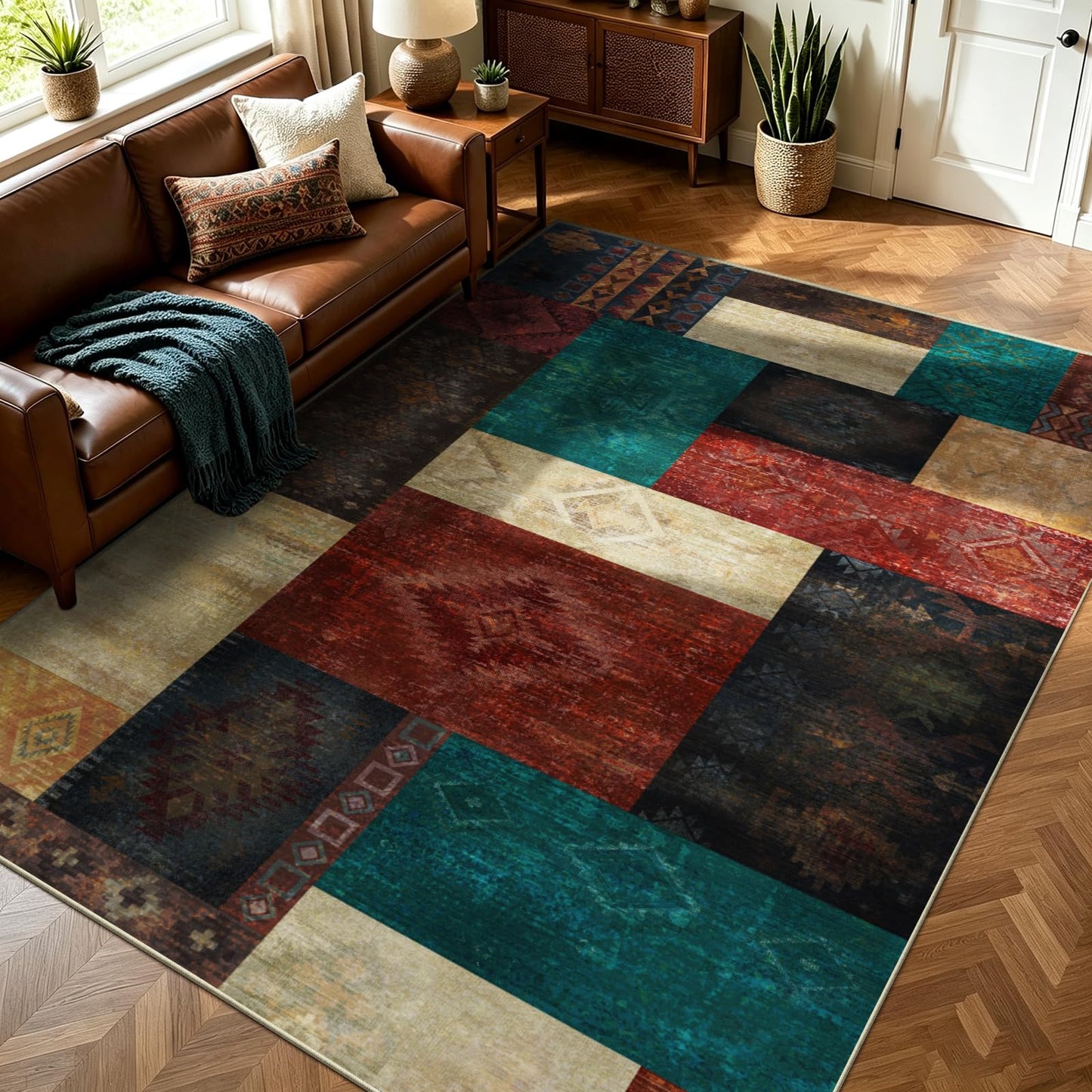 Yinhua Living Room Rug 5x7 Geometric Area Rugs for Bedroom, Washable Patchwork Rugs with Non Slip Backing, Low Pile Soft Faux Wool Rug Carpet for Dining Room Nursery Office Playroom, Colorful