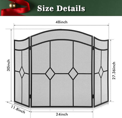 FEED GARDEN 3 Panel Fireplace Screen Wrought Iron 48" W x 30" H Foldable Heavy Duty Fire Spark Guard Cover with Metal Decorative Mesh for Living Room, Home Decor Indoor, Black