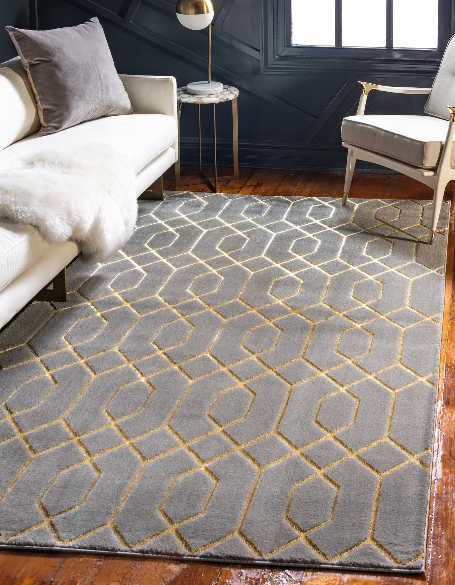 Rugs.com Glam Collection Rug – 5x8 Gray Gold Medium-Pile Rug Perfect for Bedrooms, Dining Rooms, Living Rooms