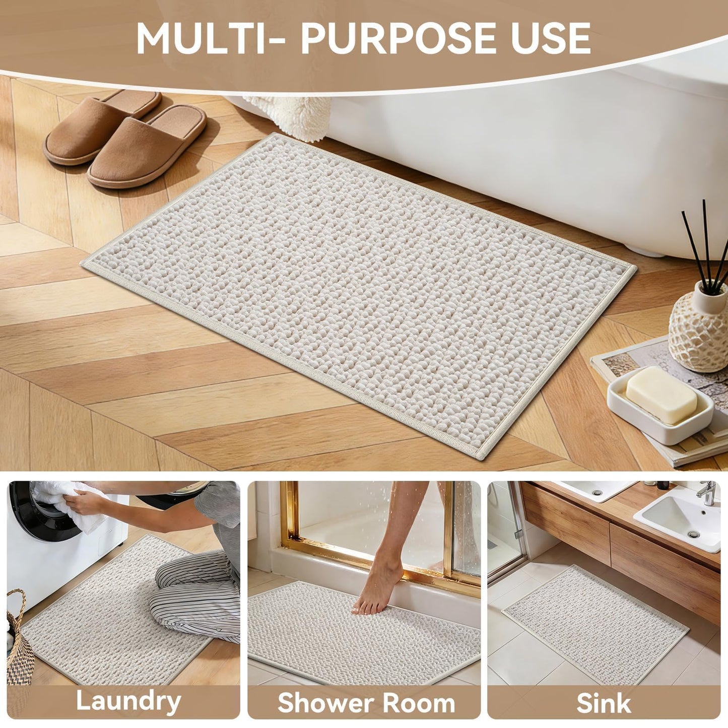 QiCaiJia 16x24 Extra Soft Chenille Bathroom Rugs - Non Slip Quick Dry Absorbent & Washable Bath Mat, Thin Low Profile Fit Under Door, Shower Mat for Outside Shower - Beige