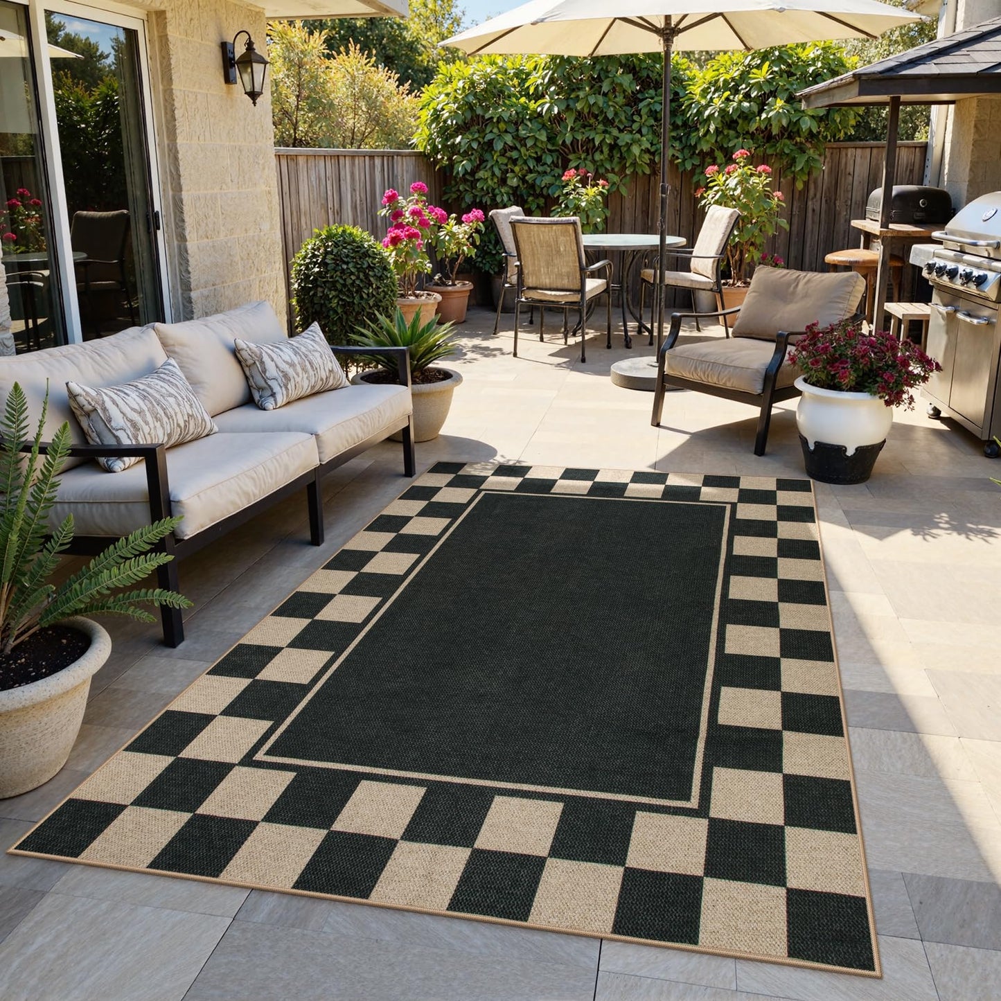 Moynesa Checkered Easy Jute 5x7 Area Rugs for Living Room, Washable Outdoor Patio Rug for Backyard Porches Non Slip, Black Farmhouse Carpet for Dining Room Balcony