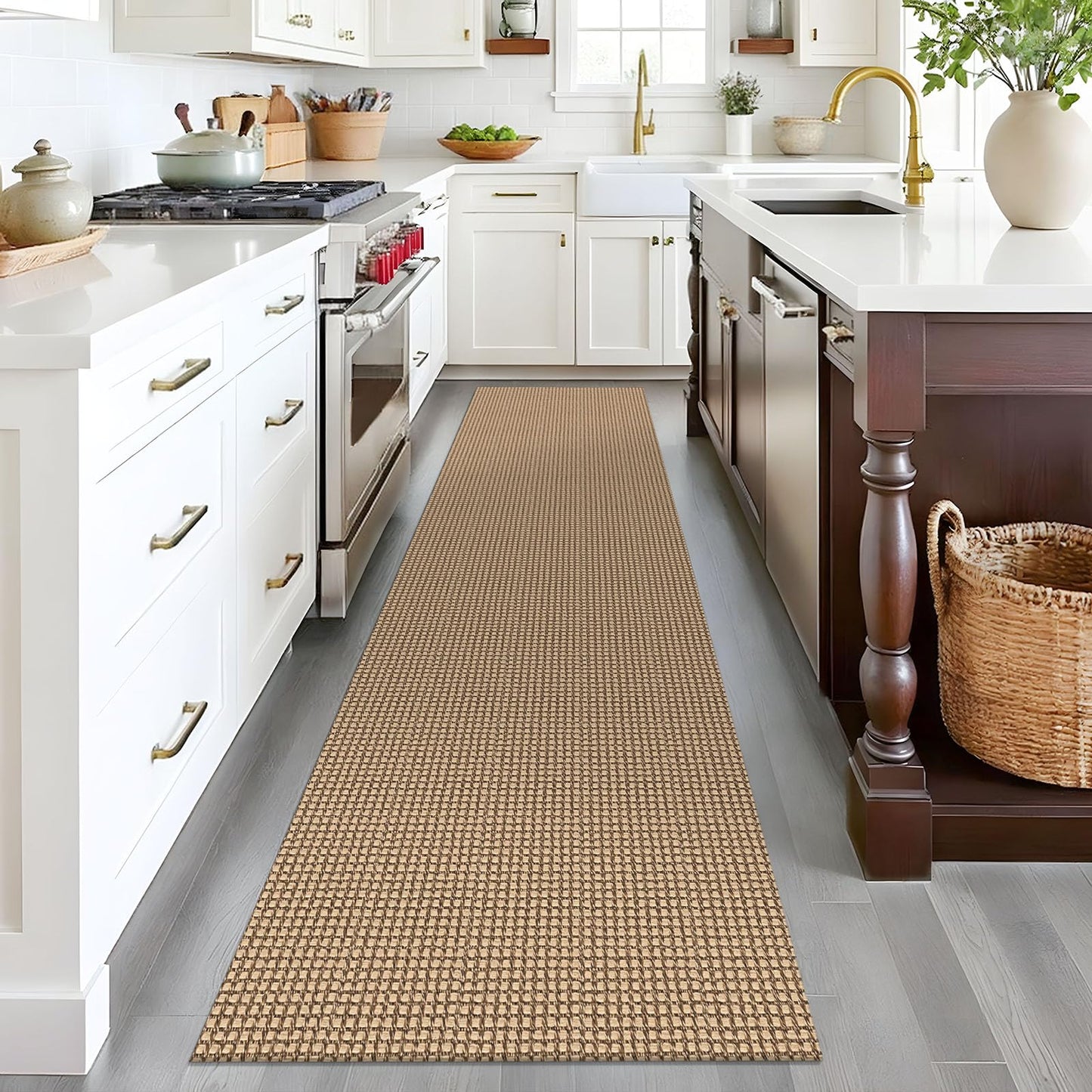 EARTHALL Woven Runner Rug 2x8 Ft Washable Runners for Hallways Cotton Non Slip Rubber Backed Kitchen Runner Braided Indoor Floor Carpet for Entryway, Hallway, Kitchen, Bedroom, Orange/Tan/Brown