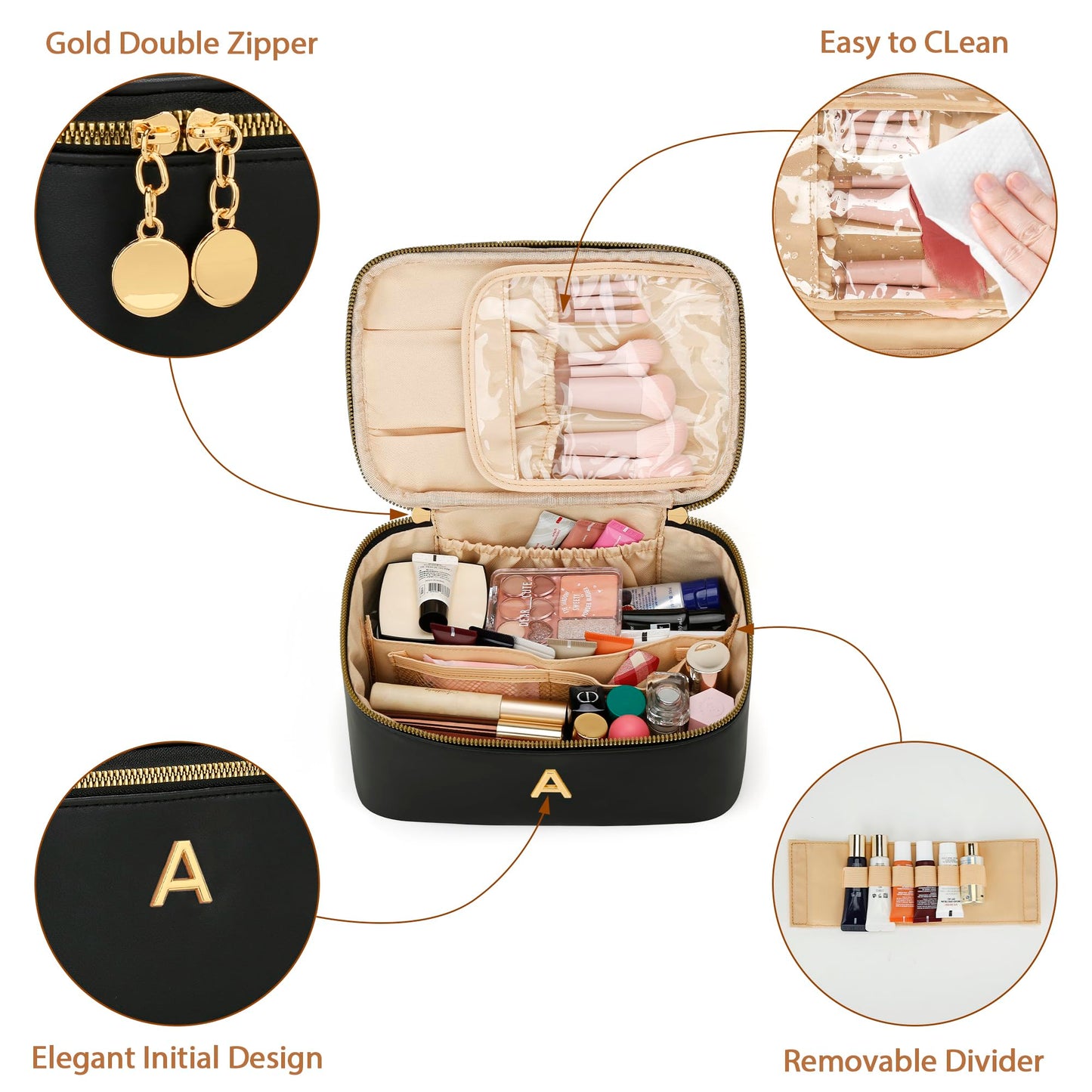 CLOUDWINGS Gifts for Women Travel Makeup Bag Personalized Cosmetic Bag Portable Large Capacity Toiletry Bag(Black-A)