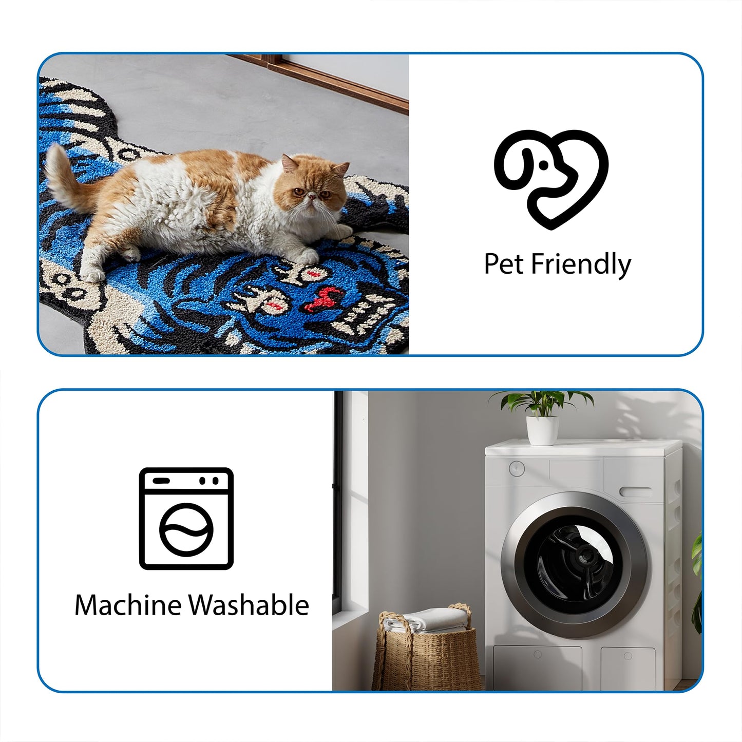 5x3.3 ft Tibetan Tiger Area Rug Tufted High Pile XLarge Indoor Machine Washable Carpet with Nonslip TPR Backing - Bedroom, Bathroom, Living & Dining Room Home Décor, Blue