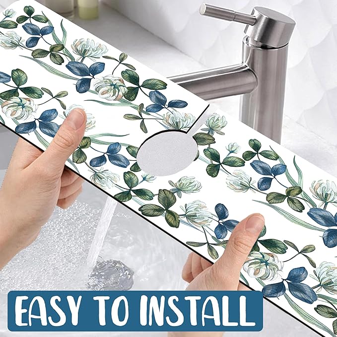 Watercolor Garland Flower Kitchen Sink Splash Guard Faucet Mat Clover Leaves