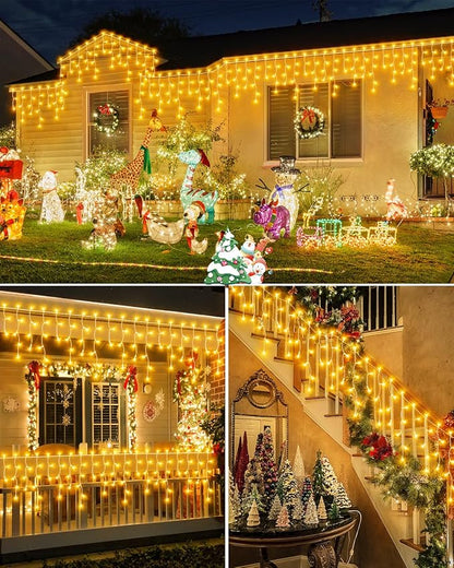 106 FT Christmas Lights Outdoor, 972 LED Waterproof Outside Christmas Lights Plug in, Connectable 8 Modes Hanging Fairy Lights with 216 Drops for House Eaves Yard Patio Wedding Decoration, Warm White