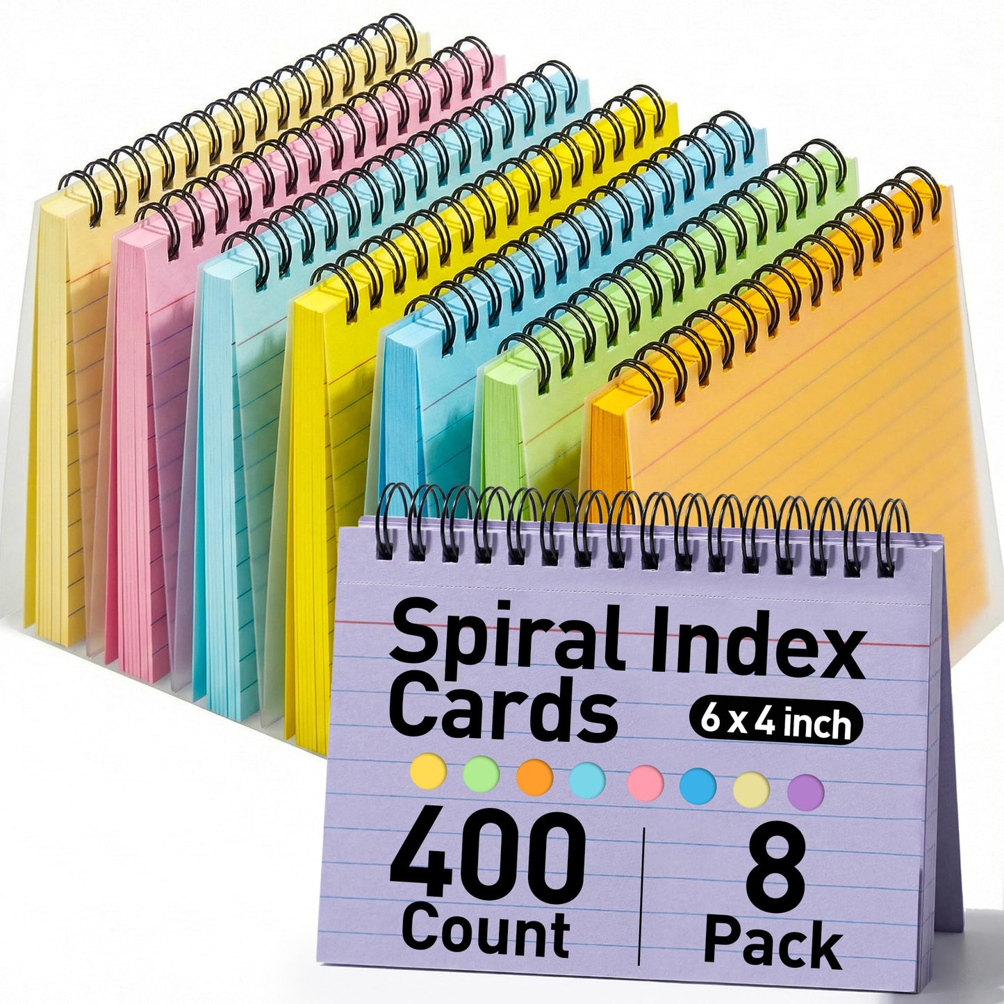 Koogel 400PCS Index Cards, 4x6 Large Index Cards with Key Rings for School, Flashcards Heavy Note Card with Waterproof Covers for Studying Learning College Office Home Supplies, 8 Colors