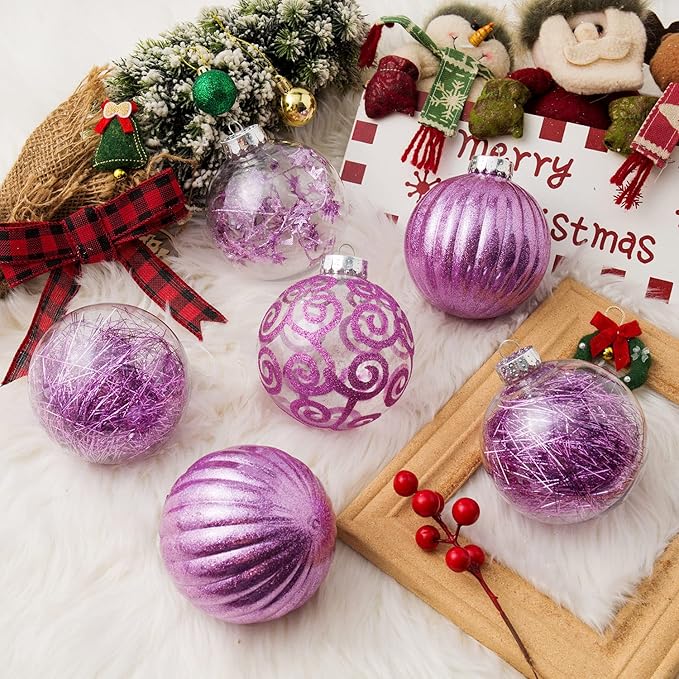 XmasExp 8ct Christmas Ball Ornaments Set -Large Clear Plastic Shatterproof Xmas Tree Ball Hanging Baubles Stuffed Delicate Glittering Holiday Wedding Xmas Party Decoration (100mm/3.94",Light Purple)