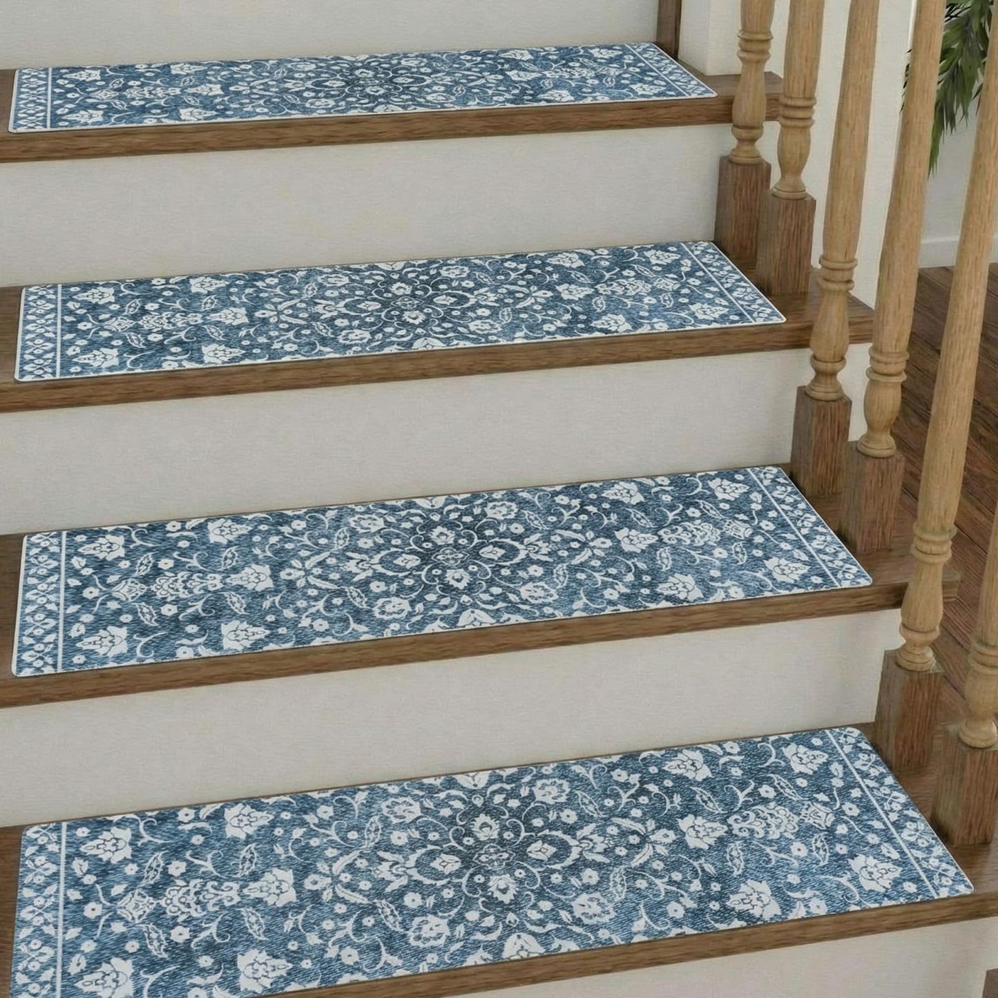 Breling 15 Pcs Blue and White Floral Stair Treads for Wooden Steps 8x30 Inches Stair Treads Indoor Non-Slip Carpet Runner Decorative Long Rugs Safety Mats for Indoor Carpet Covers Elders and Dogs