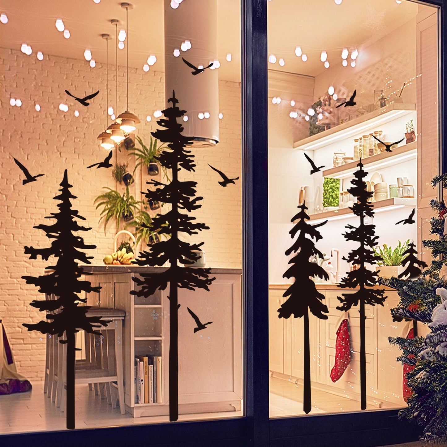 Large Pine Trees Wall Decals Black Forest Wall Stickers Christmas Decoration Wallpaper Woodland Animal Birds Mural Decals Peel and Stick Vinyl Wall Art Stickers for Bedroom