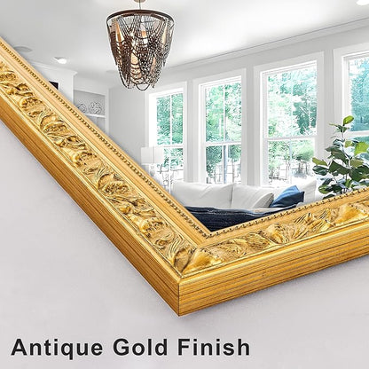 Large Decorative Mirror for Wall Decor, 59''x 29'' Gold Antiuqe Living Room Mirrors with Ornate Carvings Wood Frame, Big Vanity Mirror for Bathroom, Horizontal/Vertical