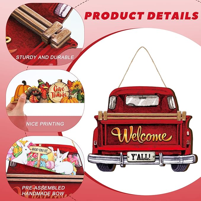 Ferraycle Interchangeable Christmas Welcome Sign for Front Door Farmhouse Truck Decor Rustic Hanging Sign with 12 Interchangeable Seasonal Holiday Decor for Christmas Fall Thanksgiving(Fresh Color)