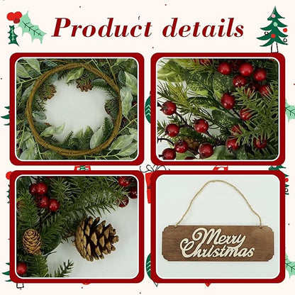 YNYLCHMX 20 Inch Winter Wreath for Front Door, Winter Wreath with Welcome Sign Pine Needle Pine Cone Red Berry, Artificial Door Wreaths for Window Farmhouse Holiday Party Decoration