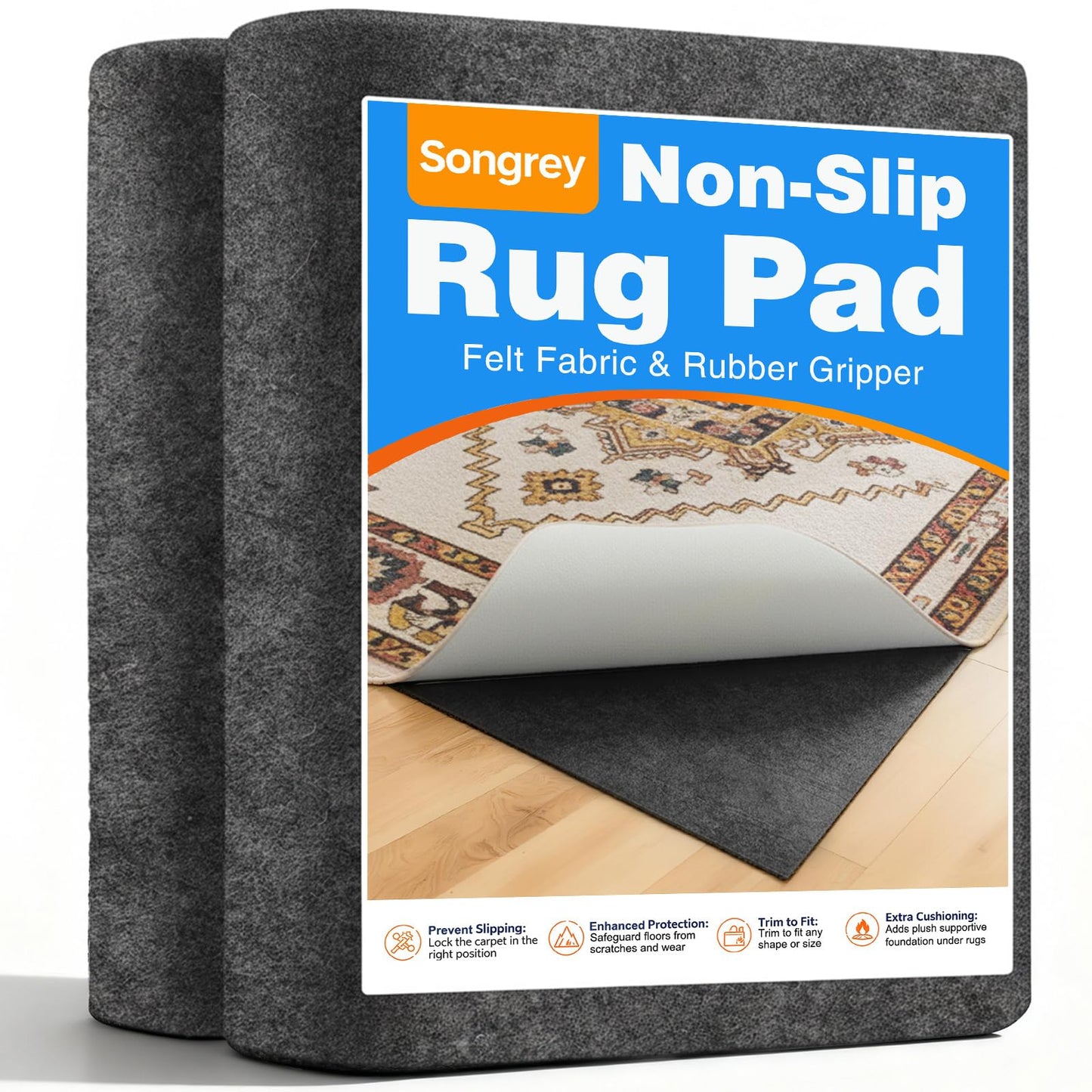 Songrey Non Slip Rug Pad Gripper 8x10 Ft, Thick Felt Fabric with Anti Skid Backing, Carpet Pad for Hardwood Floors, Keep Area Rugs in Place and Safe