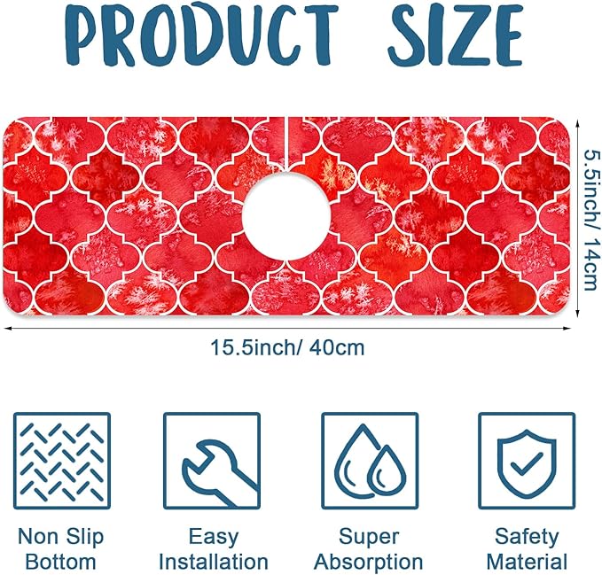 Watercolor Moroccan Marbled Kitchen Sink Splash Guard Faucet Mat Red Tiles