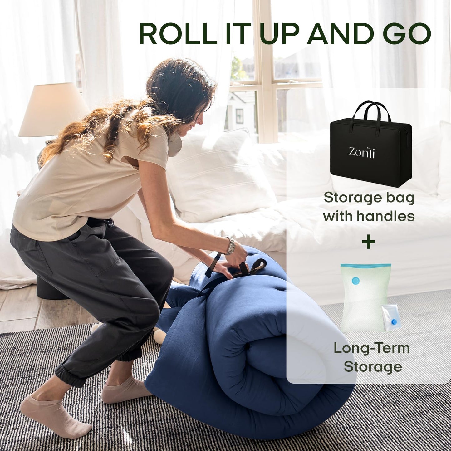 ZonLi Japanese Floor Futon Mattress Twin Size 75"x 39", 100% Cotton Cover 2.5'' Thicken Tatami Mattress, Foldable Sleeping Pad, Portable Dormitory Tatami Mat, Roll Up Floor Lounger Bed for Adult