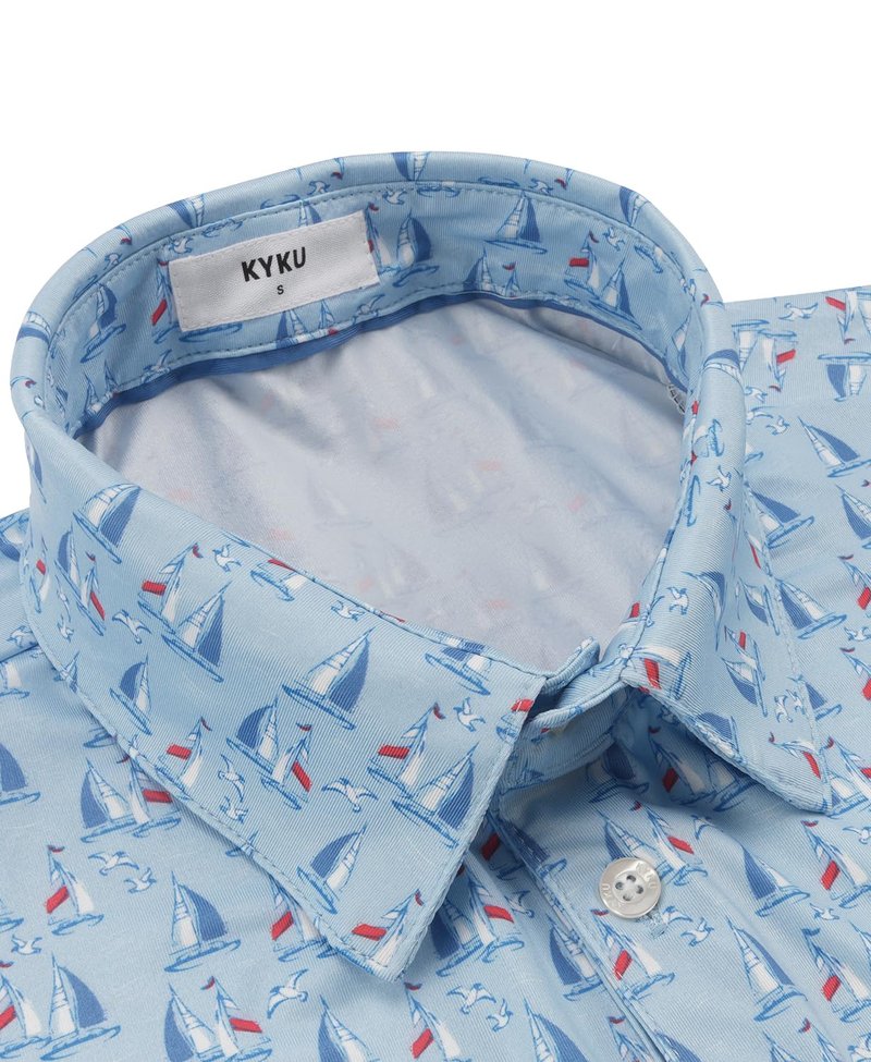 KYKU Mens Golf Polo Shirts Short Sleeve Dry Fit Performance Moisture Wicking Casual Print Collared Golf Shirts for Men Sky Blue Sailboat L
