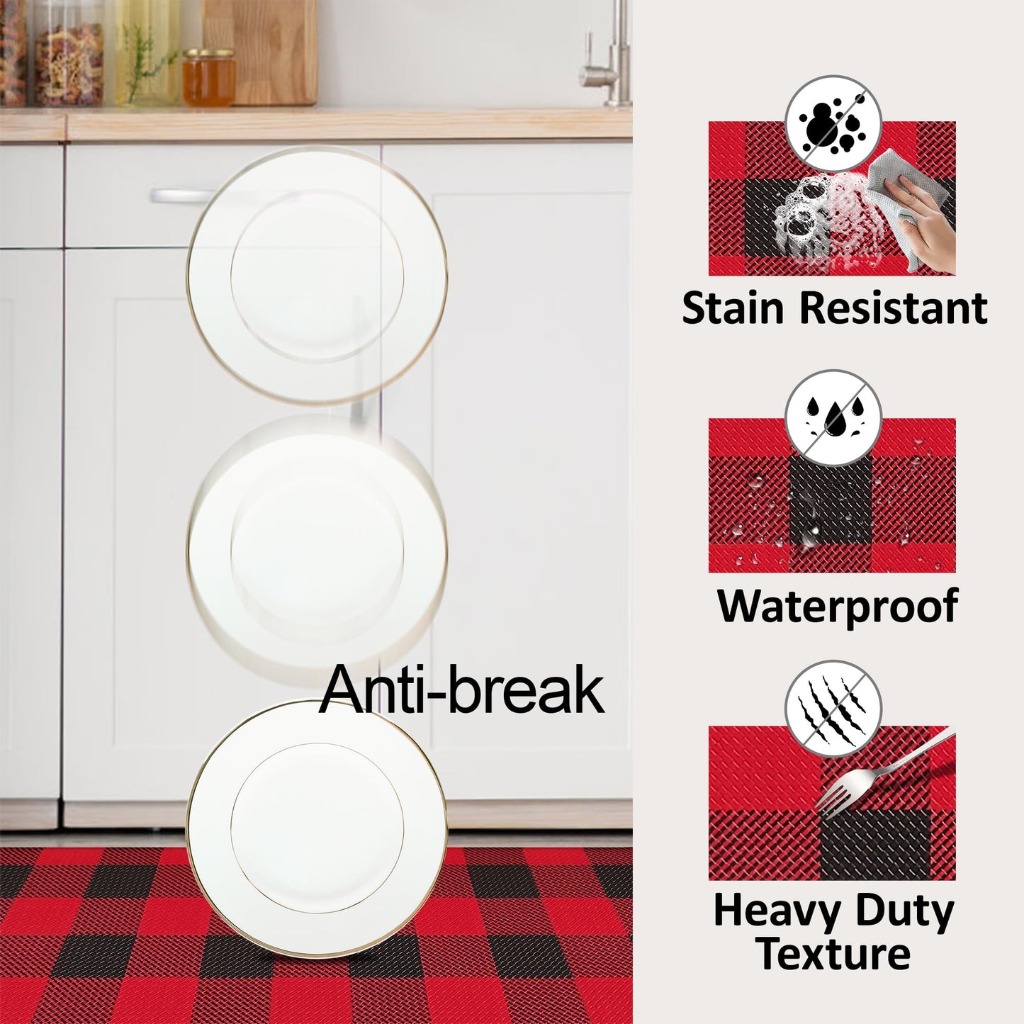 Aoczes Long Kitchen Runner Rug Anti-Fatigue Floor Mat 17.3x94 Inches Black Red Buffalo Plaid Waterproof Non-Slip Comfort Mat for Kitchen, Office, Laundry Room