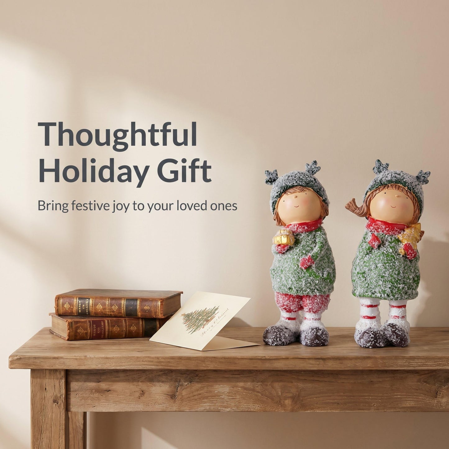 Brizoria Charming Winter Figurines Set of 2 Christmas Boy and Girl Statues Cute Kids Resin Holiday Figurines Winter Decorations Indoor for Home Mantel and Shelf Decor, 9"