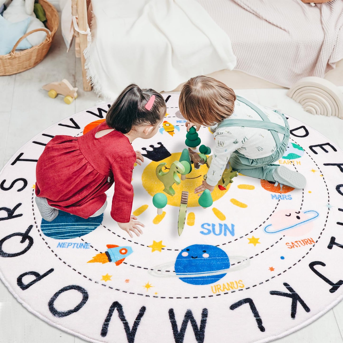 LTKOUGFAM Round ABC Space Kids Rugs,4 ft Non-Slip Solar System Alphabet Rugs, Washable Rug, Soft Plush Educational Circle Rug for Classroom playroom Bedroom Kids Room Decor(for Age 2+)