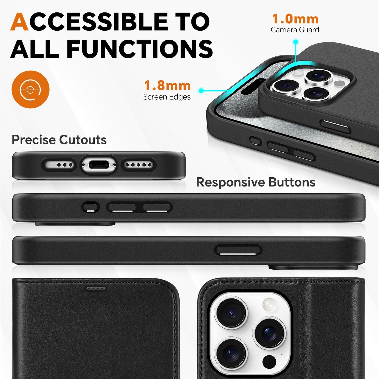 TUCCH Case Wallet for iPhone 15 Pro, Detachable Stand RFID Blocking 4 Card Slot Wireless Charging Shockproof Case, 2-in-1 Magnetic PU Leather Removable Folio Compatible with iPhone 15 Pro 6.1", Black