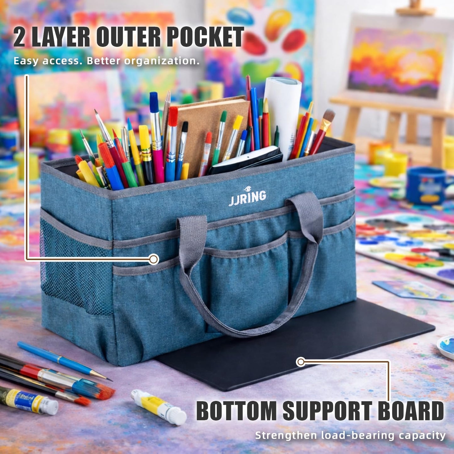 JJRING Large Art Supply Storage Tote Bag With 2 Mesh Side Pockets & Front Elastic Pockets – Sturdy Craft Organizer Caddy with Reinforced Bottom For Sewing, Scrapbooking, Teachers & Artists(Green)