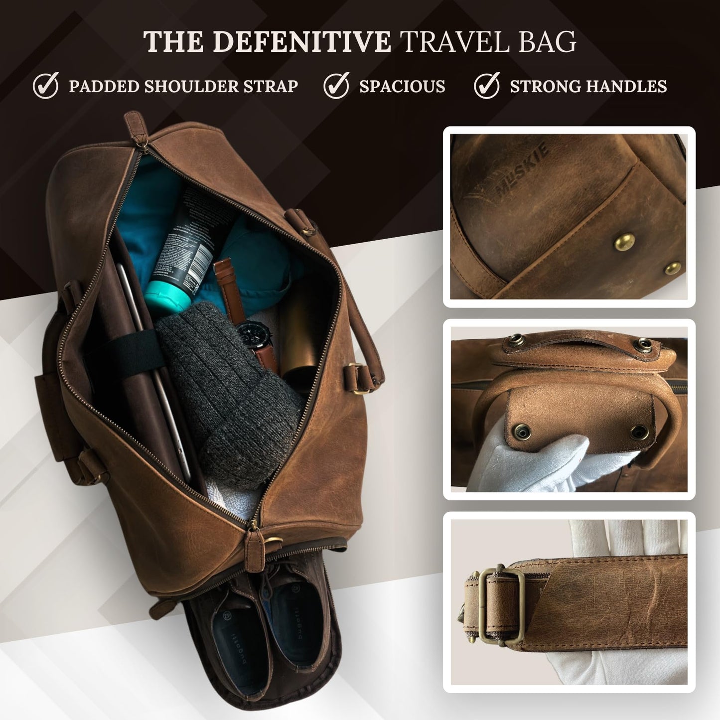 MUSKIE Leather Duffel Bags for Men & Women, 21 Inch Full-Grain Buffalo Leather Distressed Travel Bag with Shoe Compartment & Shoulder Strap