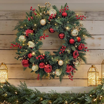 28’’ Pre-Lit Artificial Christmas Wreath, Battery Operated 35 LED Lights with Faux Greenery, Pine Cones, Berries for Front Door, Xmas Wreath for Holiday Christmas Home Decorations